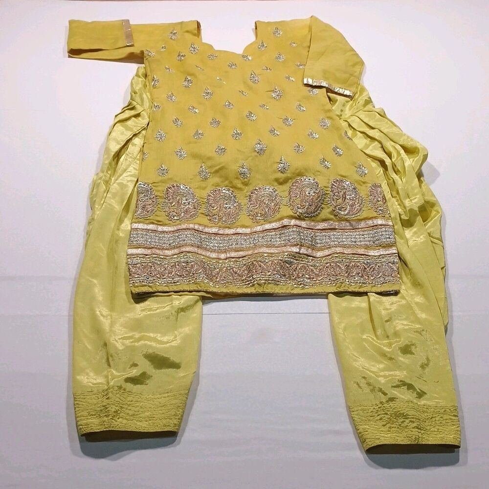 Handmade Embroidered Art Silk Tunic and Pant Salwar Kameez Suit Set Size XS 33